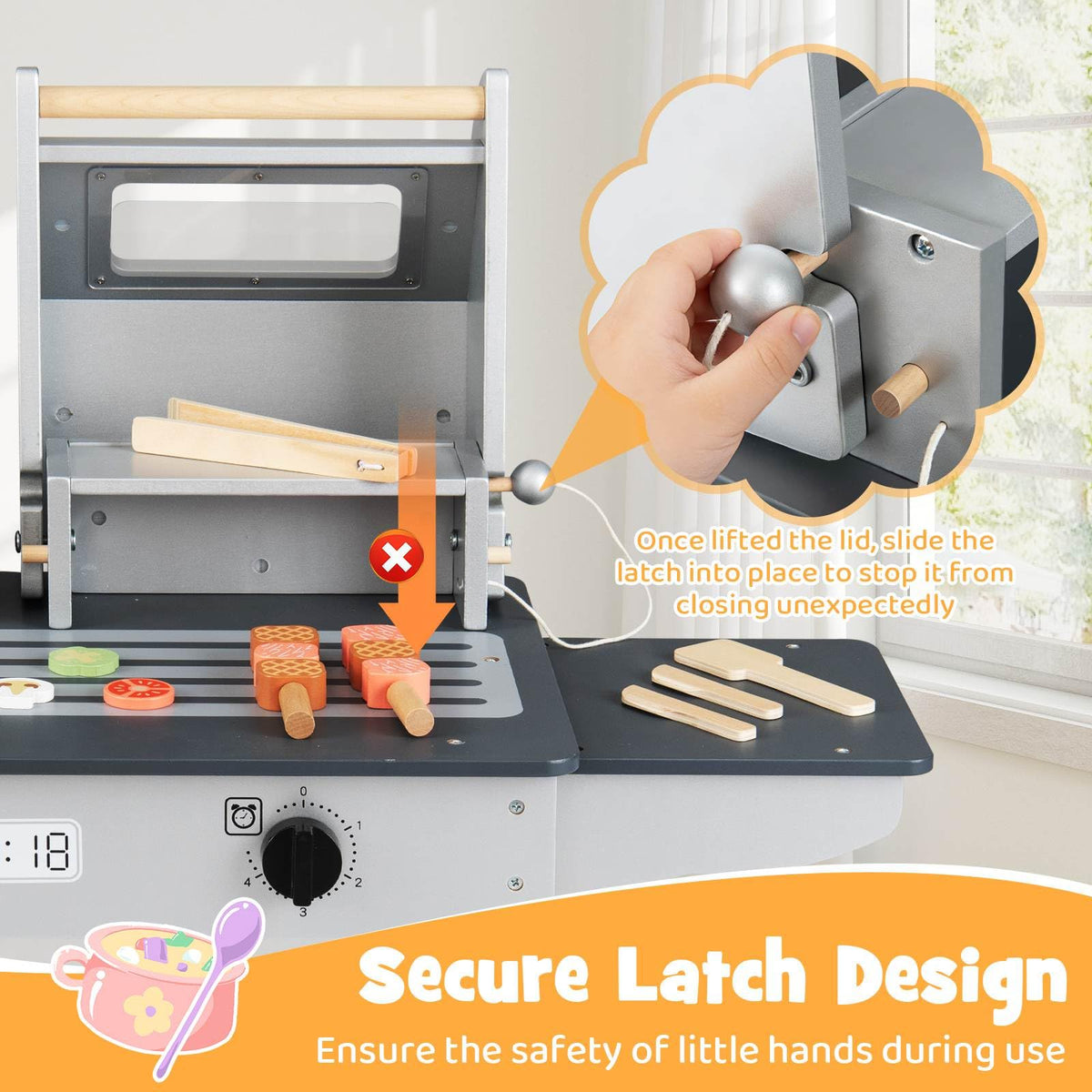 Wooden Kids Barbecue Grill Playset Kids Toy Grill with Abundant Grilling Tools and Play Foods