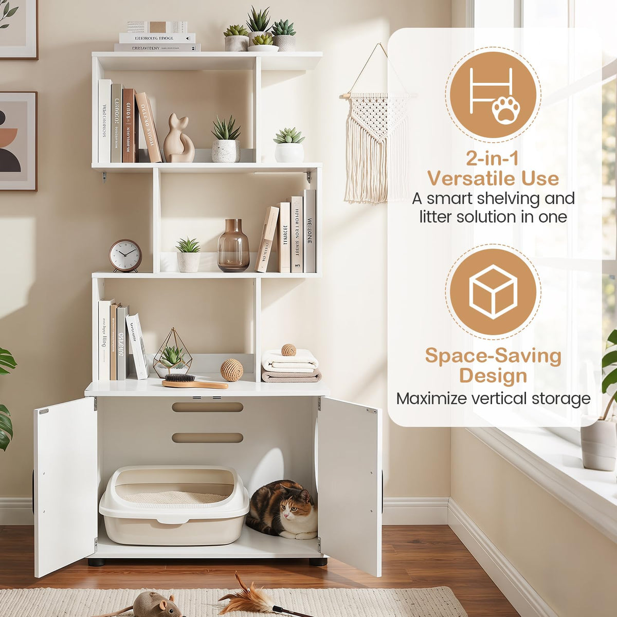 142 cm Tall 2-in-1 Cat Litter Box Enclosure w/Storage Pet House Corner Bookshelf