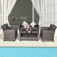 Outdoor Furniture Sofa Set, 4 Pcs Patio Rattan Conversation Set, w/ Tempered Glass Tabletop & Soft Cushions, Mixed Gray