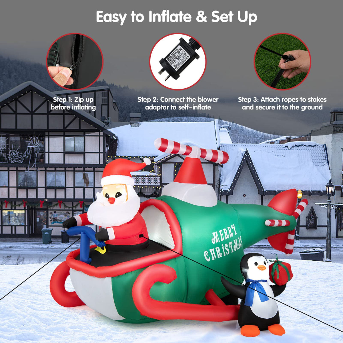 190CM Christmas Inflatable Santa Claus with Penguins on Helicopter