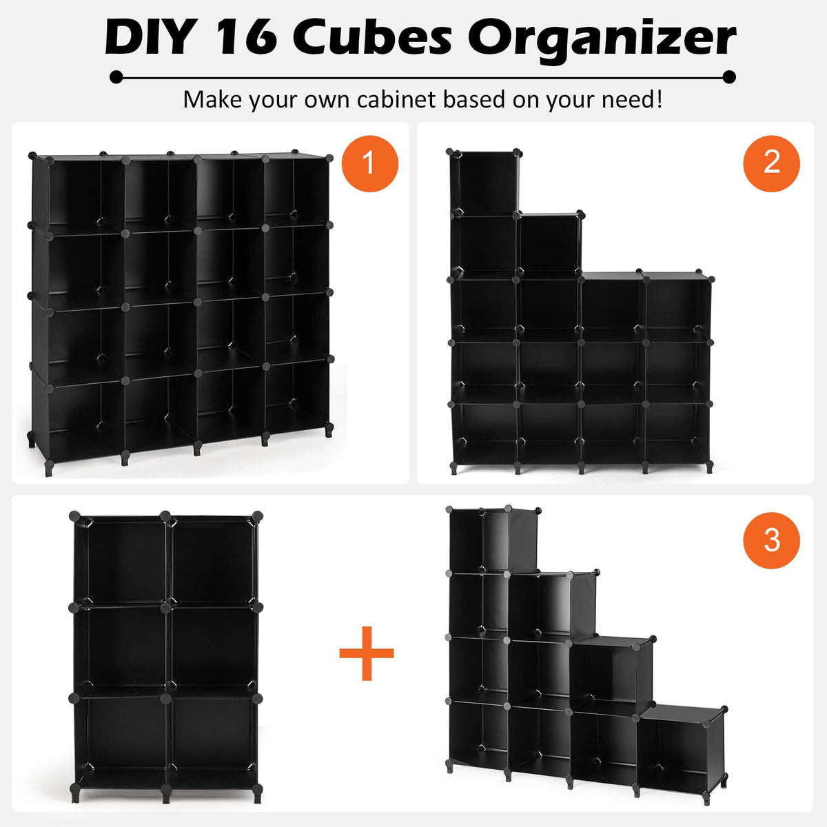 Modular Cube Cabinet, 16 Cubes Plastic Storage Organiser Units