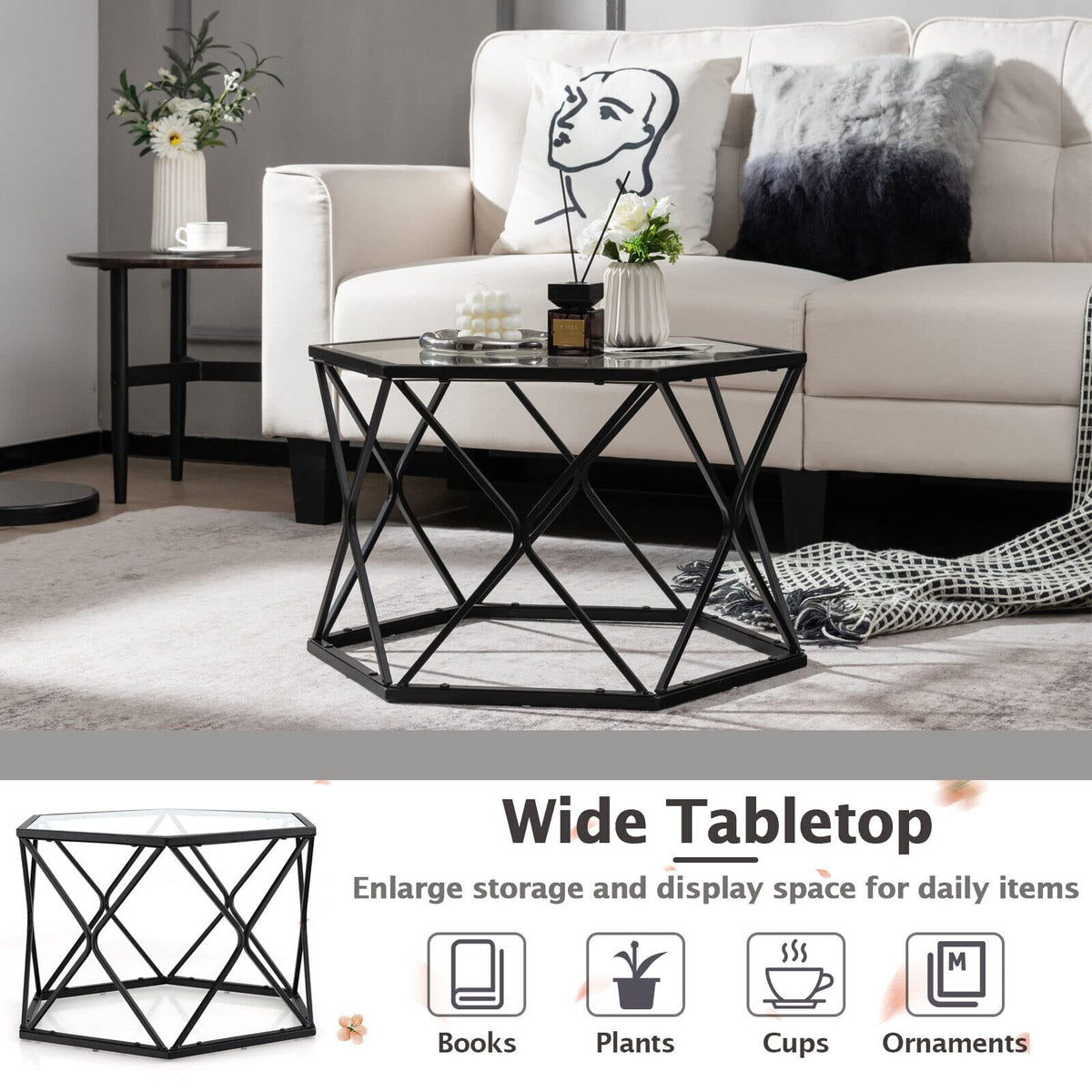 Giantex Geometric Glass Coffee Table, Hexagonal Central Table w/Tempered Glass Top & Metal Frame