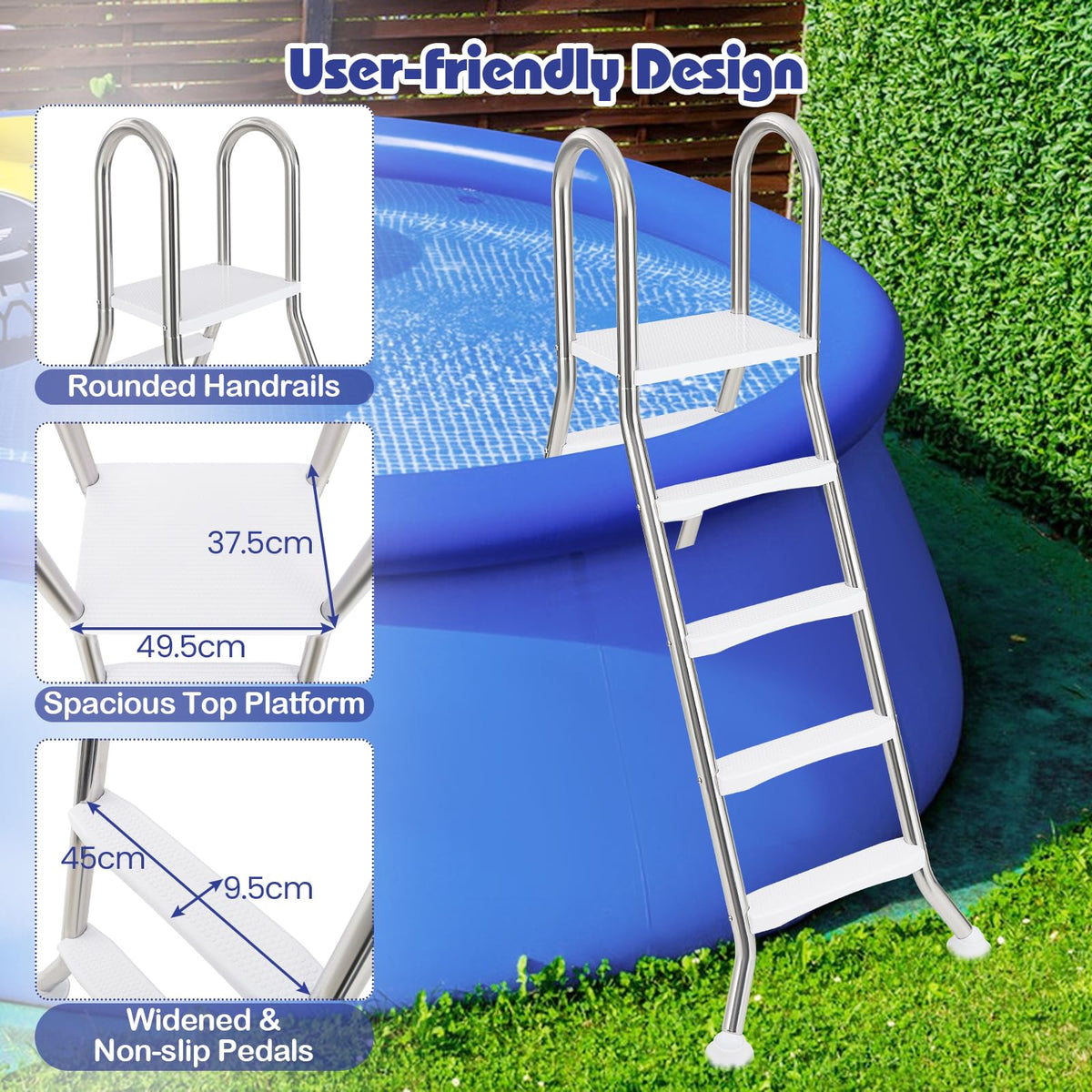 192 cm Above Ground Pool Ladder A-Frame Swimming Pool Ladder with Top Platform