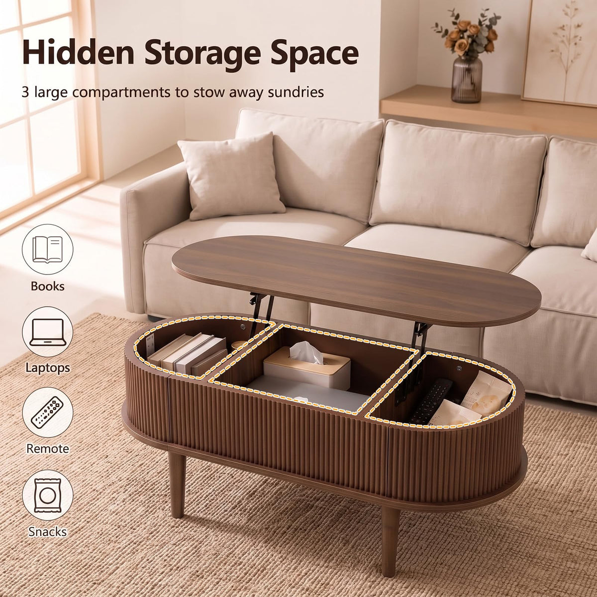 Oval Lift Top Fluted Design Coffee Table with Storage and Raised Wood Feet