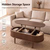 Oval Lift Top Fluted Design Coffee Table with Storage and Raised Wood Feet
