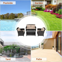 4 Pieces Outdoor Rattan Furniture Set, Patio Wicker Conversation Sofa w/Chairs, Tempered Glass Coffee Table & Soft Cushions