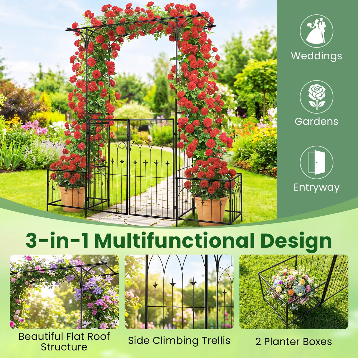 Garden Arch Trellis with Gate and Planter Boxes, 206cm Heavy Duty Metal Arbor