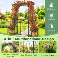 Garden Arch Trellis with Gate and Planter Boxes, 206cm Heavy Duty Metal Arbor