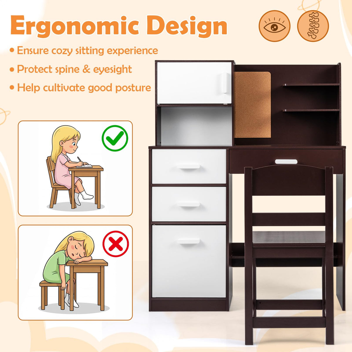 Kids Desk and Chair Set with Hutch and Bulletin Board