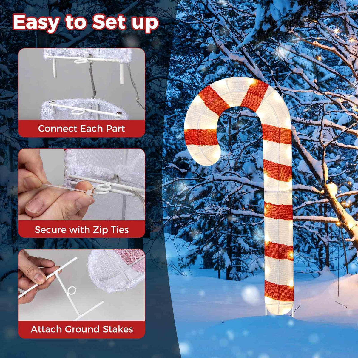 3 Pieces 80CM Pre-Lit Xmas Yard Candy Canes with 75 LED Lights