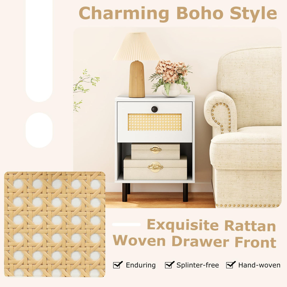 Rattan Nightstand with Drawer and Open Storage Shelf for Living Room and Bedroom