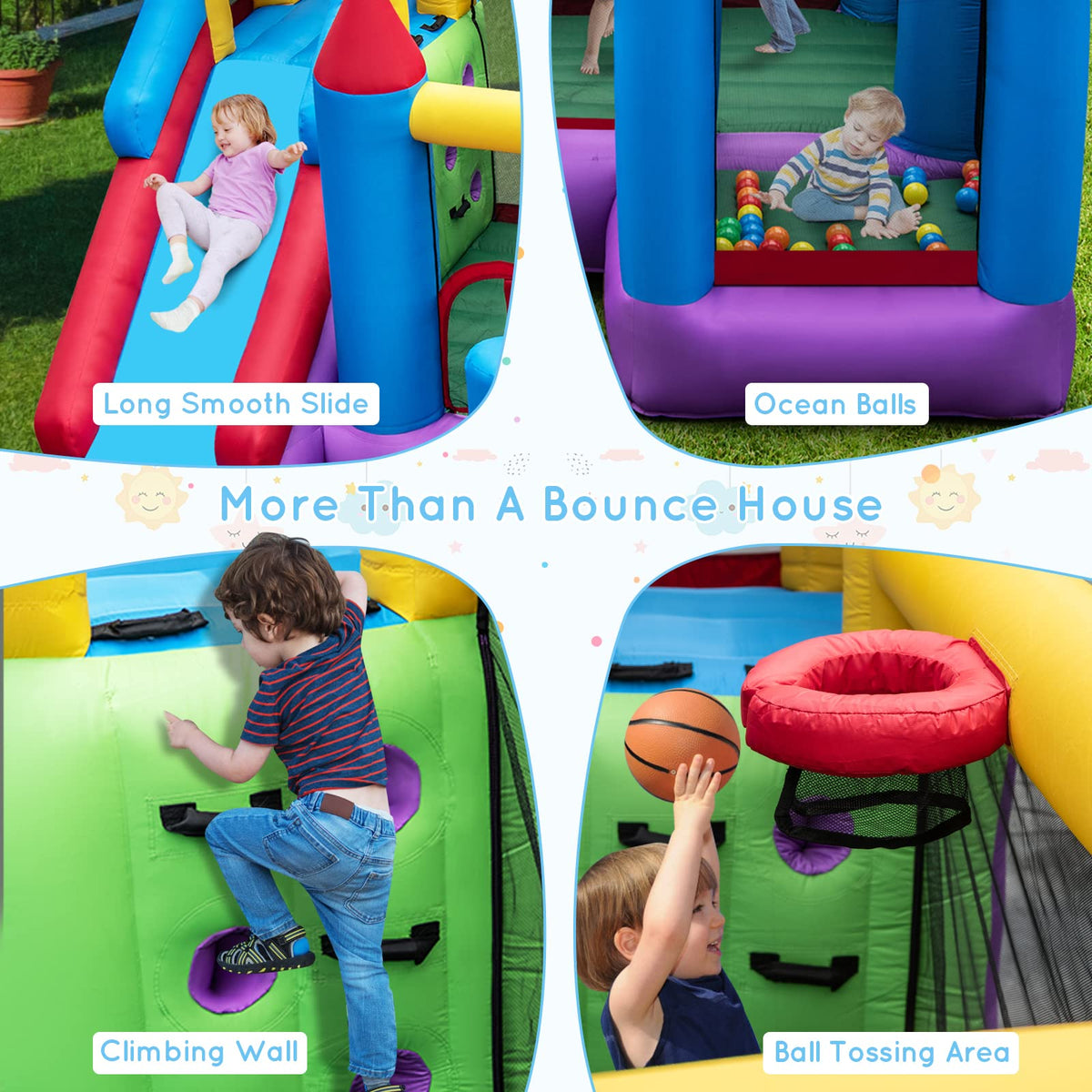 Inflatable Kids Bouncy House, Jumping Castle Trampoline, w/Slide, Jump Area, Climbing Wall, Basketball Hoop