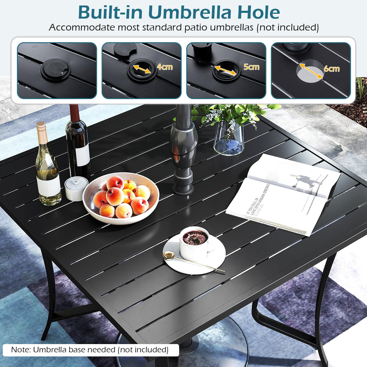 Square Patio Table for 4, 91 cm Square Metal Slat Table with 4-6 cm Adjustable Umbrella Hole