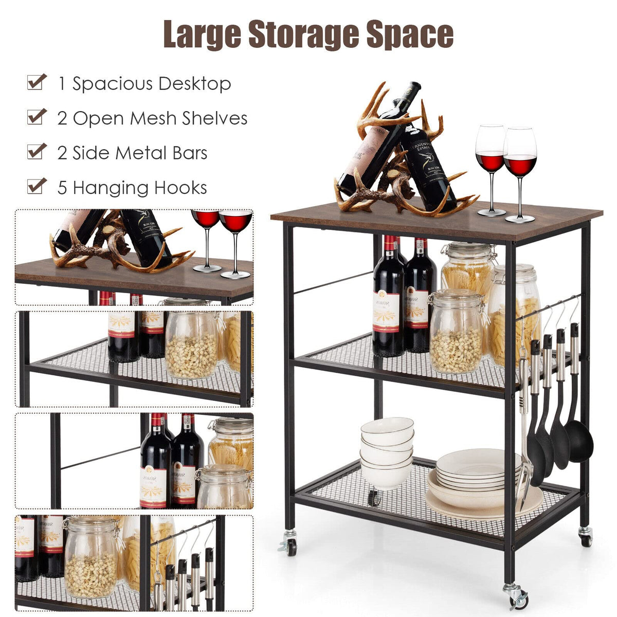 Giantex Kitchen Serving Rolling Carts, 3 Tier Storage Shelves Kitchen Island Cart