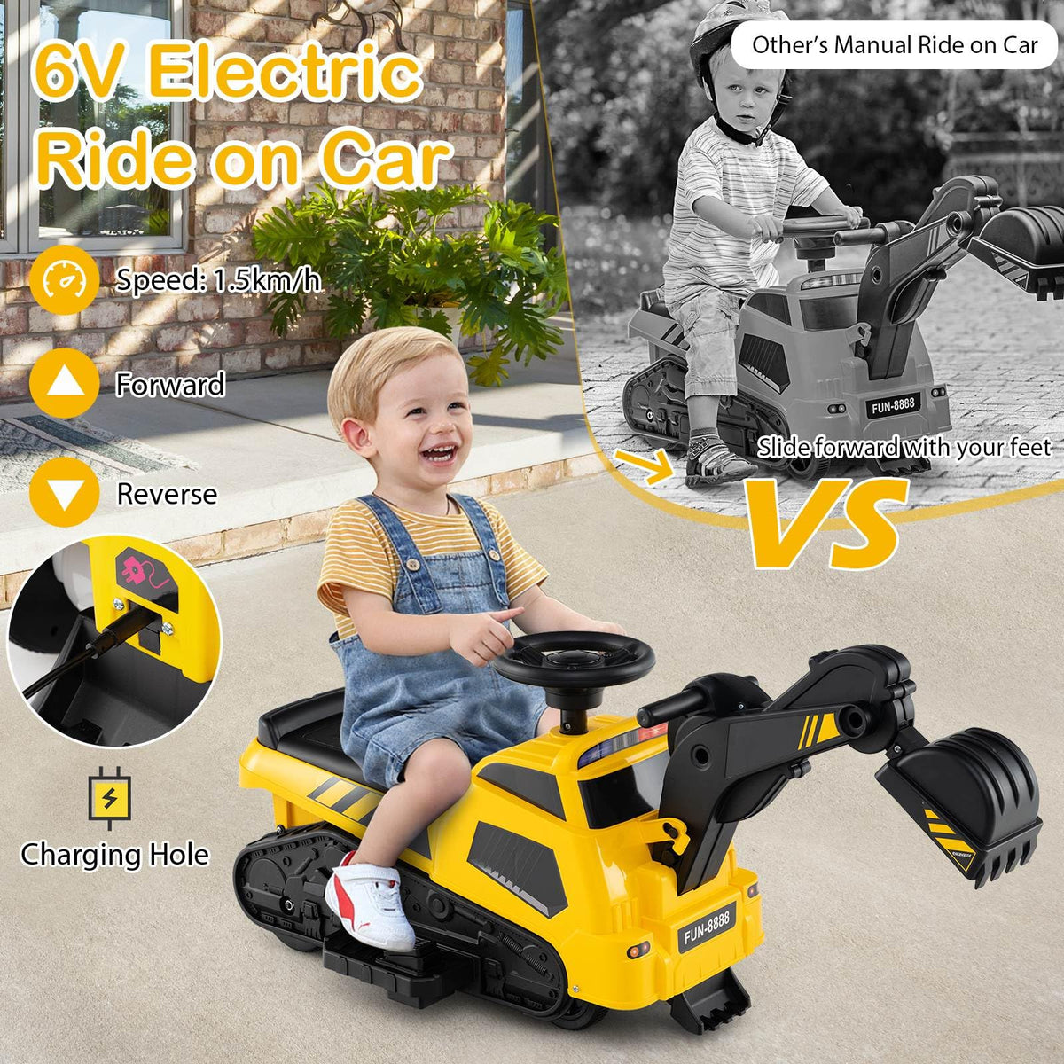 3-in-1 Kid Ride on Tractor w/Adjustable Arms, Electric Excavator Bulldozer Toy Road Roller