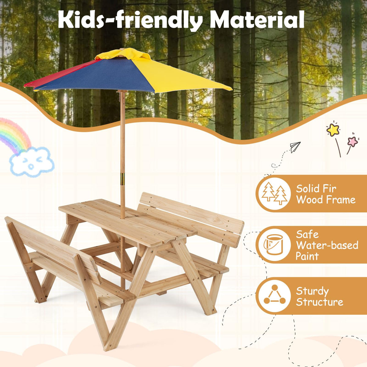 Kids Picnic Table, Toddlers' Outdoor Table w/ 2 Built-in Benches