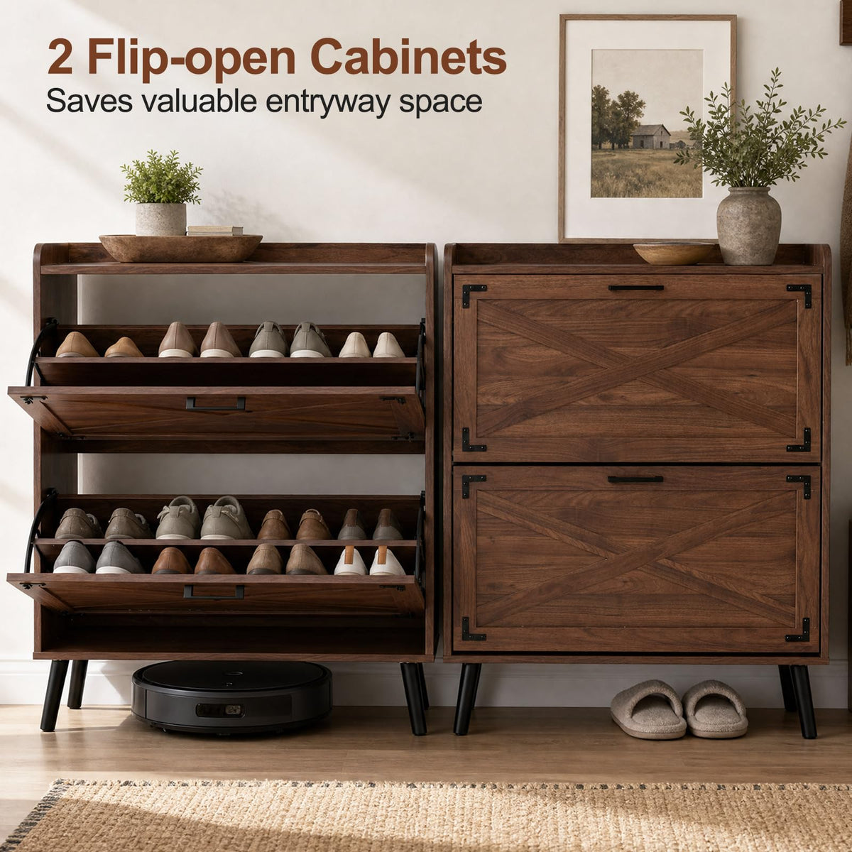 Narrow Shoe Cabinet with 2 Flip Drawers and Adjustable Shelves