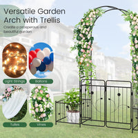 2.2M Garden Arbor, Metal Arch Trellis Lockable Gate, Arched Top Arbor Trellis w/Side Planters