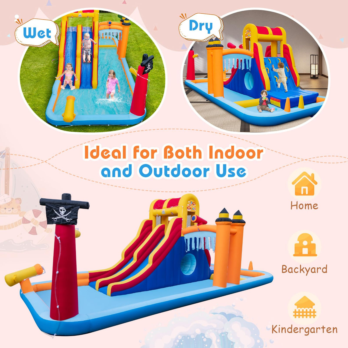 Inflatable Water Slide, 6-in-1 Water Park w/Dual Slides, Climbing Wall, Water Cannon (Without Blower)