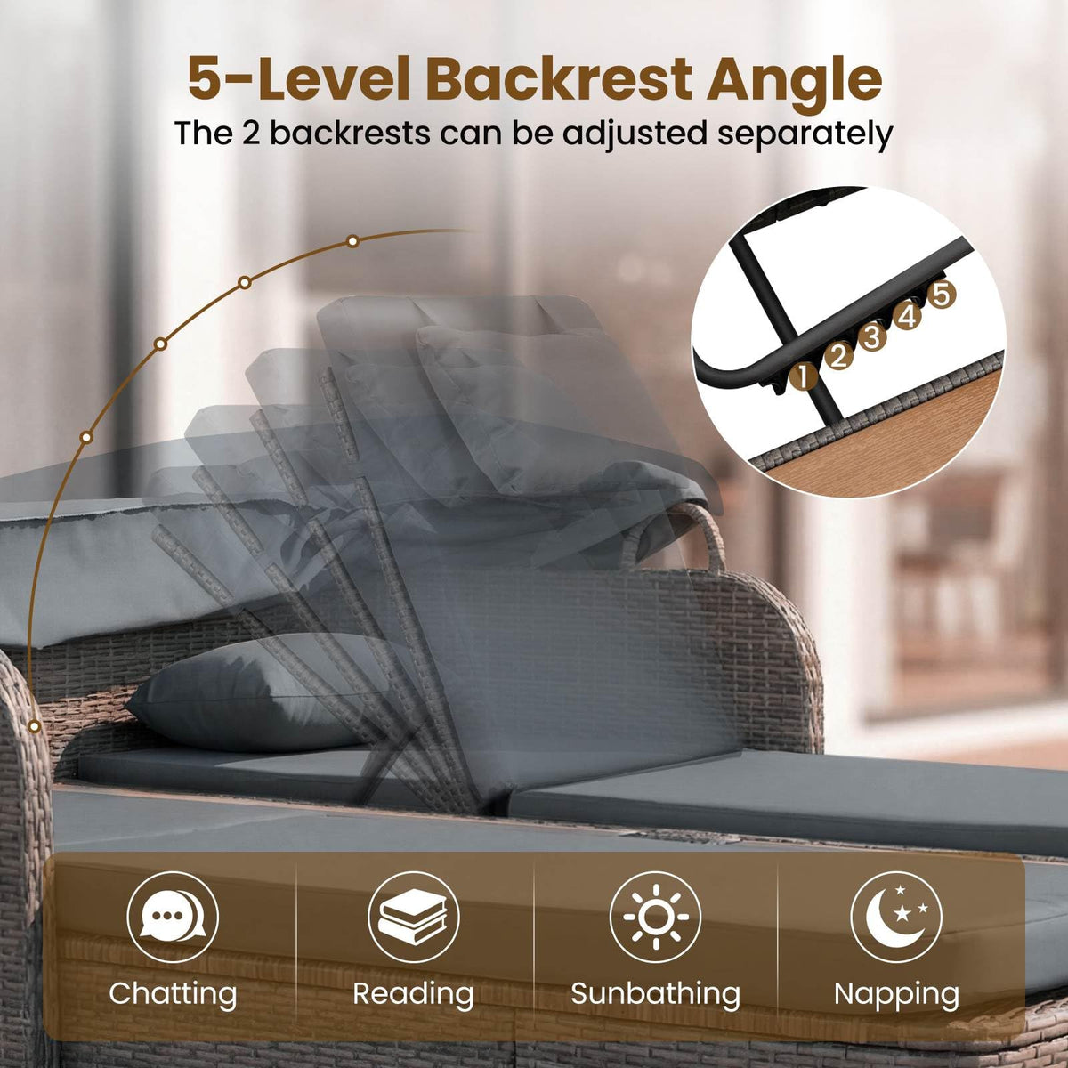 Rattan Double Daybed, Outdoor Chaise Lounge Loveseat w/Retractable Sunshade