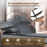 Rattan Double Daybed, Outdoor Chaise Lounge Loveseat w/Retractable Sunshade