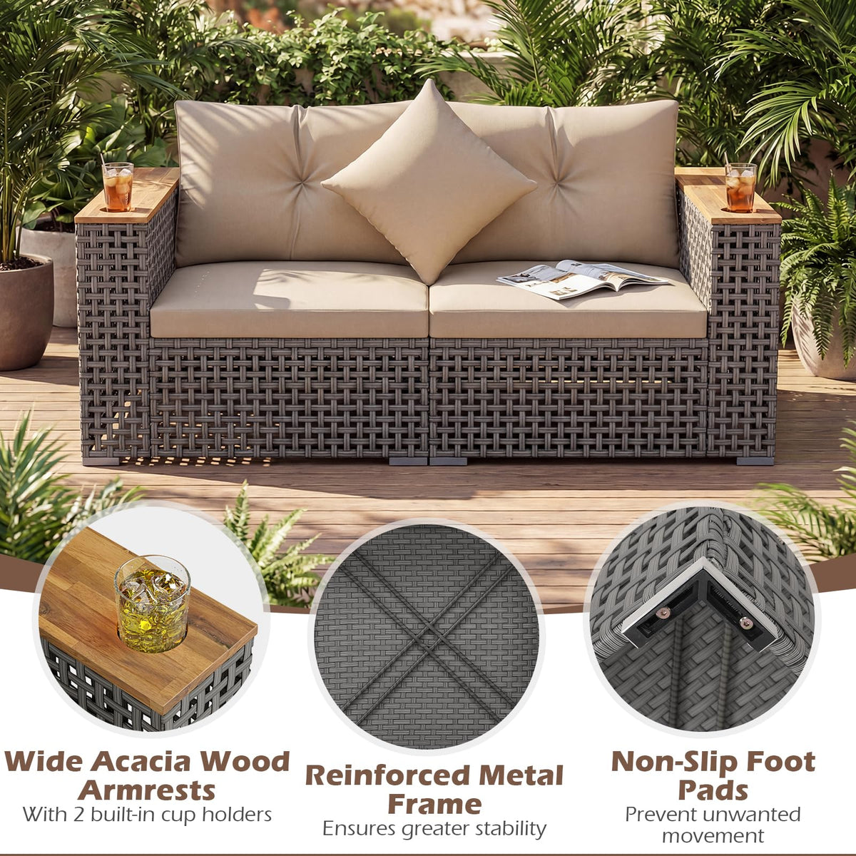 2-Piece Patio Corner Sofa Set Outdoor Sectional Wicker Loveseat with Thick Cushions