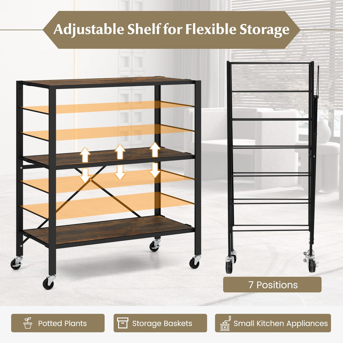 Giantex 3-Tier Foldable Shelving Unit, Heavy Duty Metal Shelves with Detachable Wheels