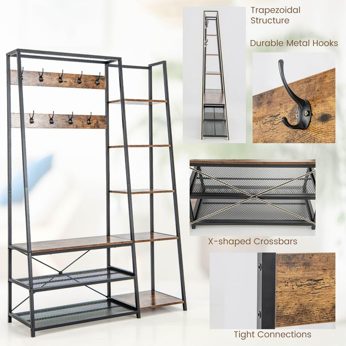 Hall Tree with Storage Bench with 9 Hooks 5 Side Shelves and 2 Mesh Shelves