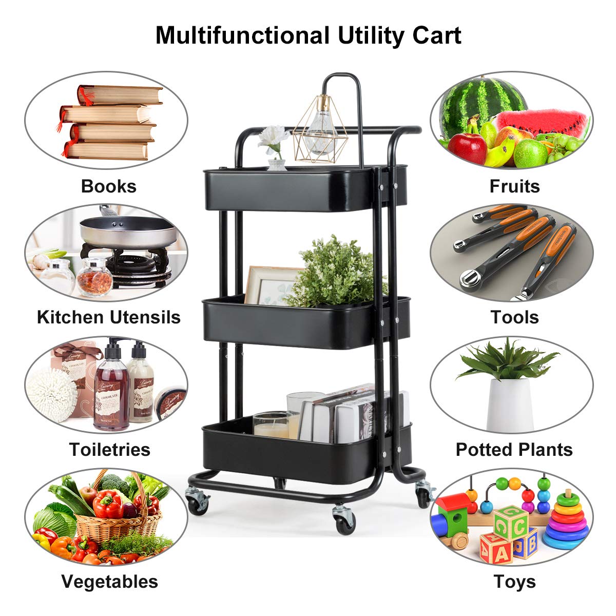 Giantex 3-Tier Metal Rolling Utility Cart with Lockable Wheels, Storage Shelves Service Trolley