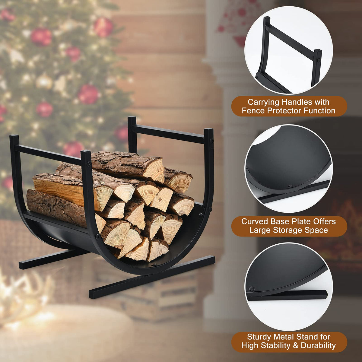 U-Shaped Firewood Rack with Handles for Fireplace Log Storage