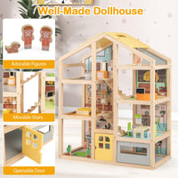 Wooden Dollhouse for Kids, Modern Family Pretend Playhouse w/Furniture Pieces & Figures