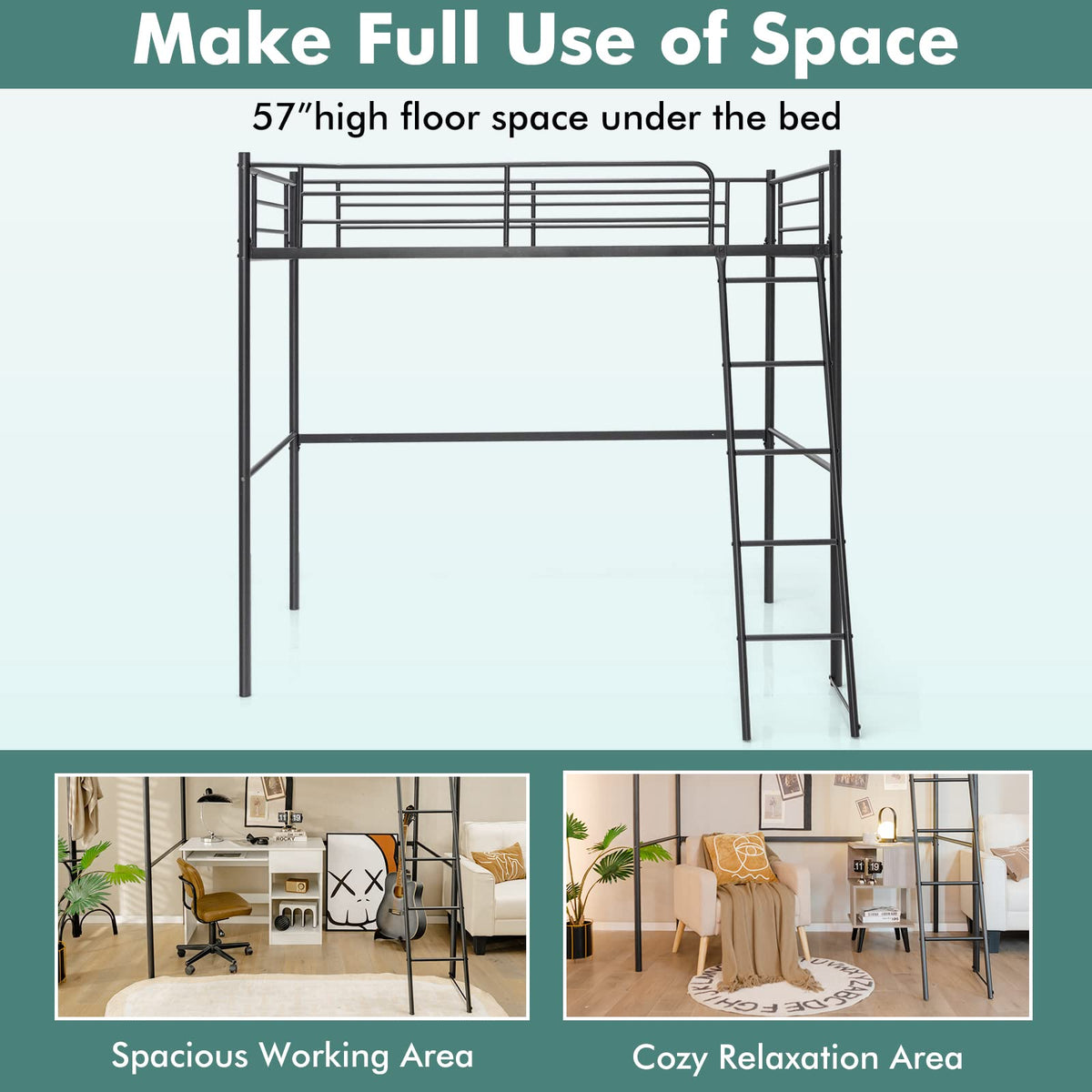 Twin Metal Loft Bed, Heavy-Duty Loft Bed Frame with Ladder & Safety Guard Rails