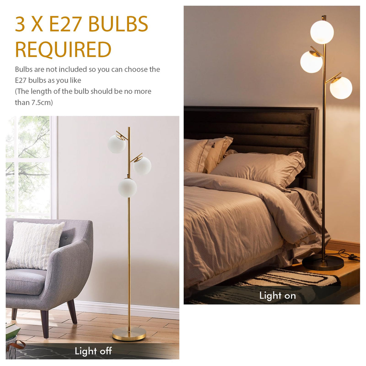 3-Globe Floor Lamp with Foot Switch and Steel Pole for Living Room