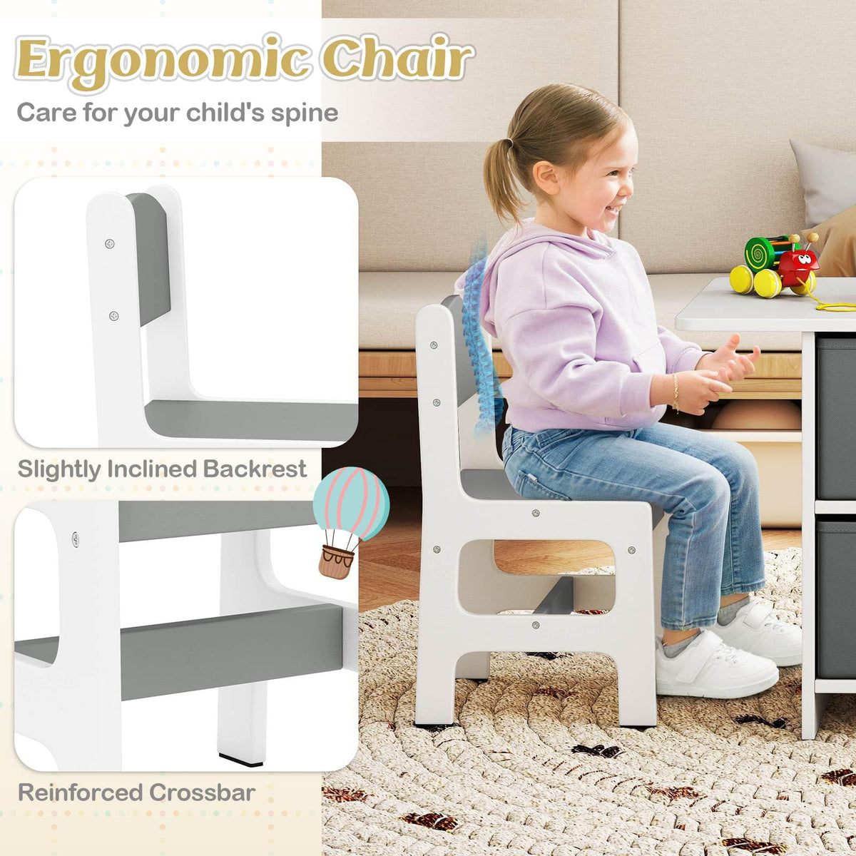 Kids Table and Chair Set, Toddler Wooden Activity Table & 2 Chairs Set