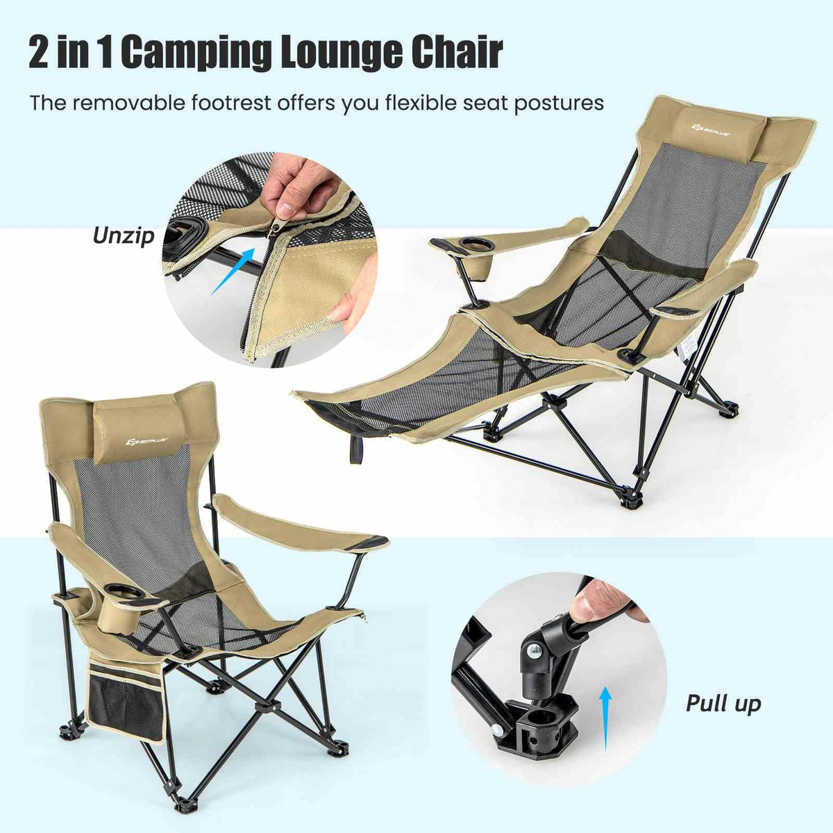 2 in 1 Folding Camping Lounge Chair with Detachable Footrest for Fishing Picnics