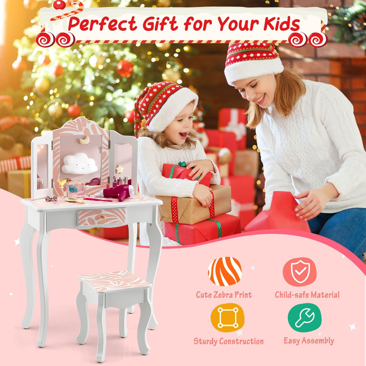 Kids Vanity Set with Tri-folding Mirror, Drawer and Stool