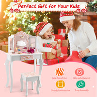 Kids Vanity Set with Tri-folding Mirror, Drawer and Stool