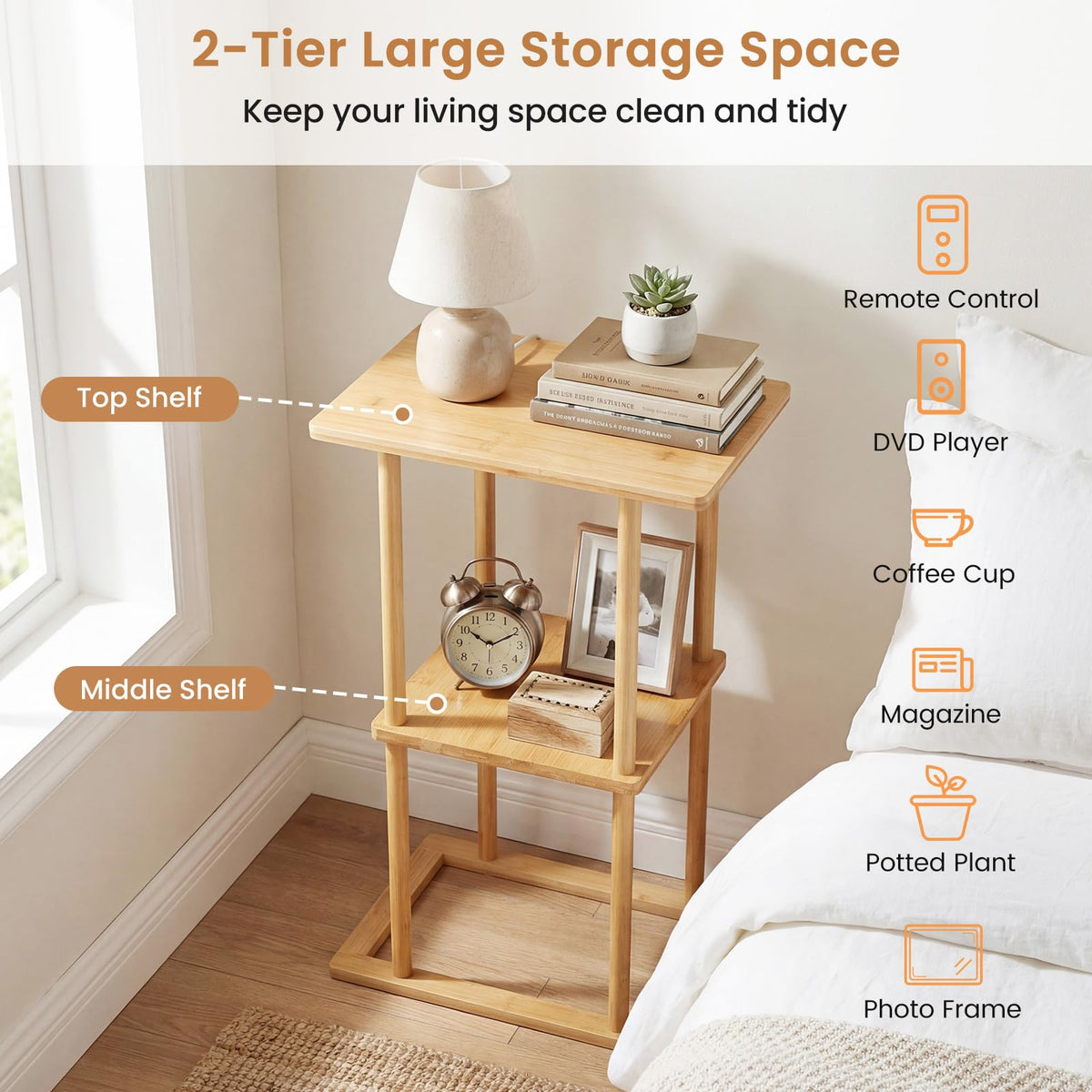 2 Pieces Side Table with Storage Shelves and Bamboo Construction for Living Room
