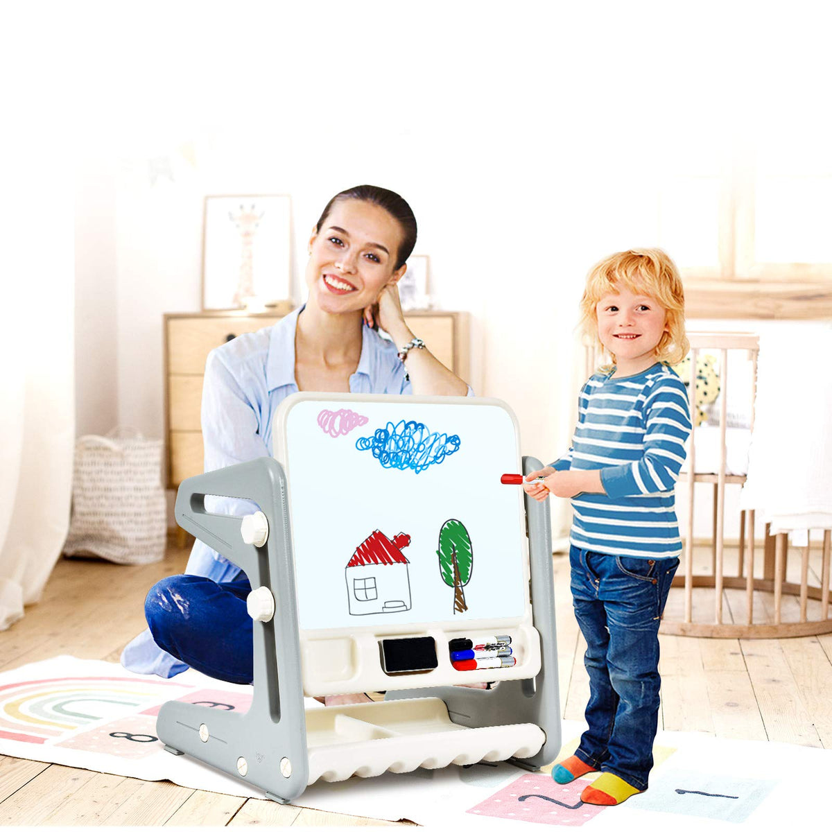 Kids Table & Chair, 2 in 1 Toddler Art Easel w/Adjustable Painting Board