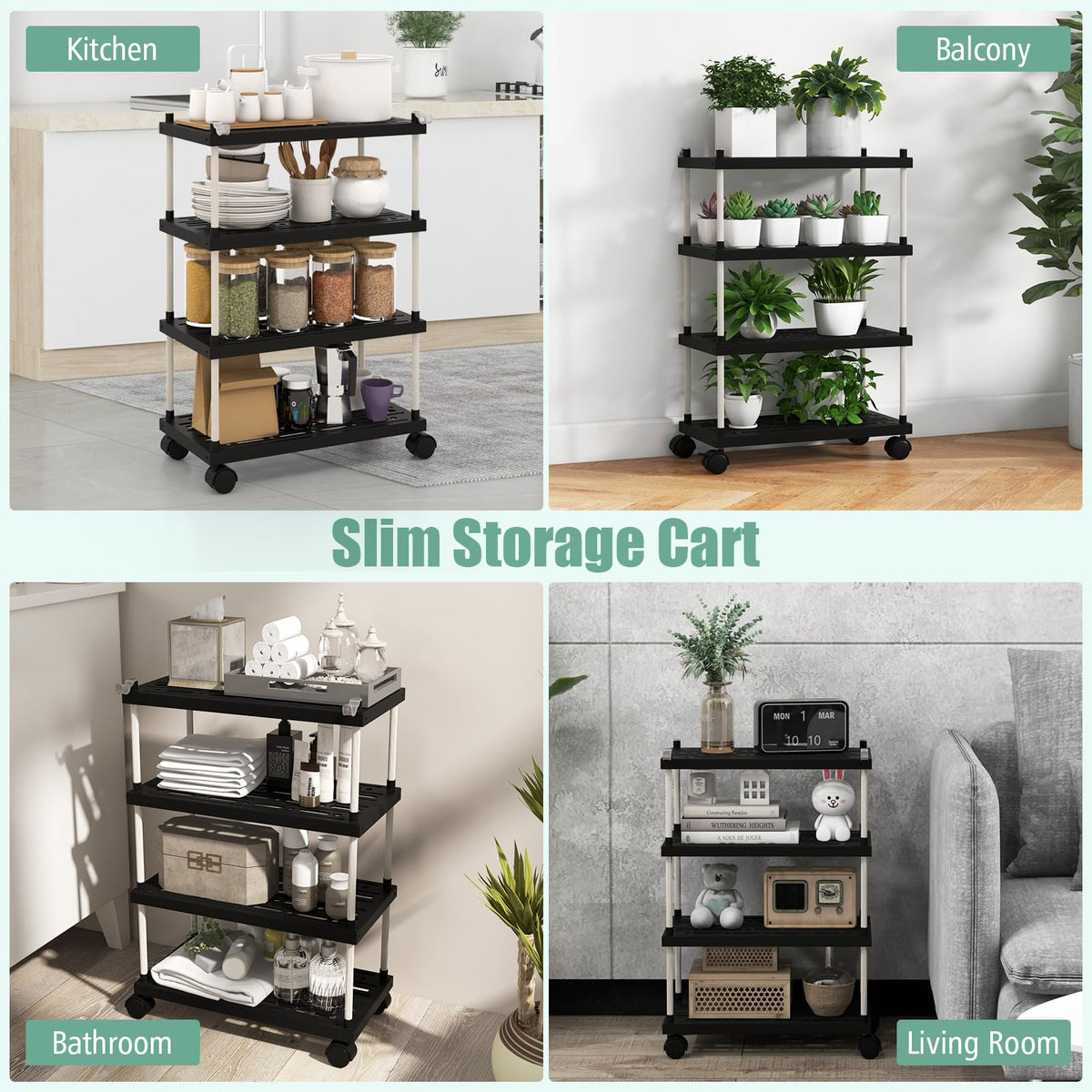 Giantex 4-Tier Slim Storage Cart Bathroom Kitchen Organizer Utility Cart with Lockable Wheels