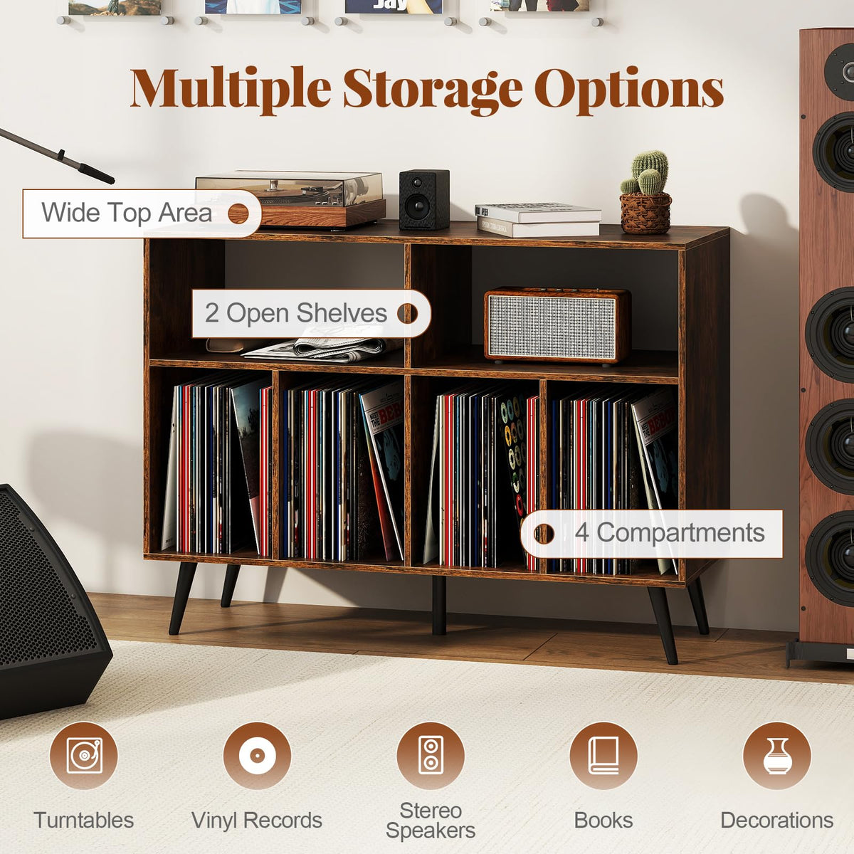 3-Tier Record Player Stand with Vinyl Storage Shelves and 5 Metal Legs for Living Room