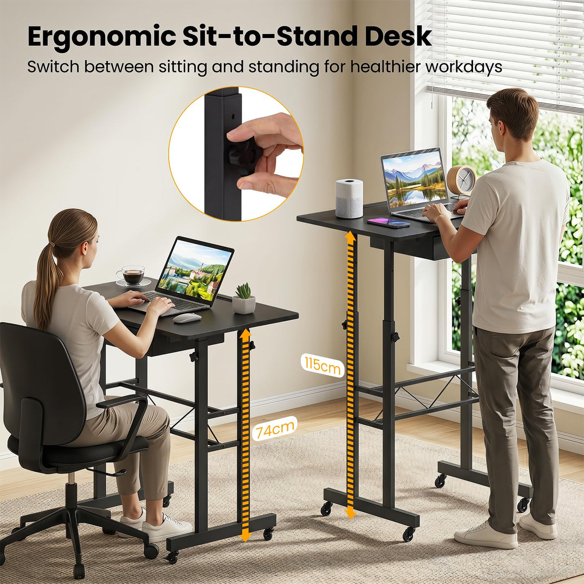 Standing Desk Height Adjustable with Fabric Drawer and Lockable Wheels