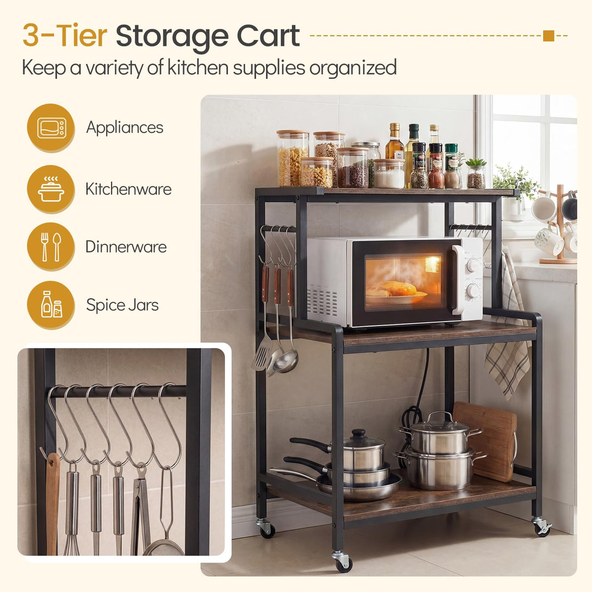 3-Tier Kitchen Rolling Cart with Power Outlets 10 S-Shaped Hooks