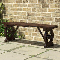 Patio Rustic Wood Bench, Carbonized Wood Long Bench w/Wagon Wheel Base