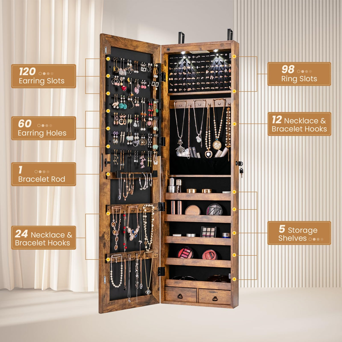 Mirror Jewelry Armoire, Wall Mounted/Over Door Jewelry Organizer
