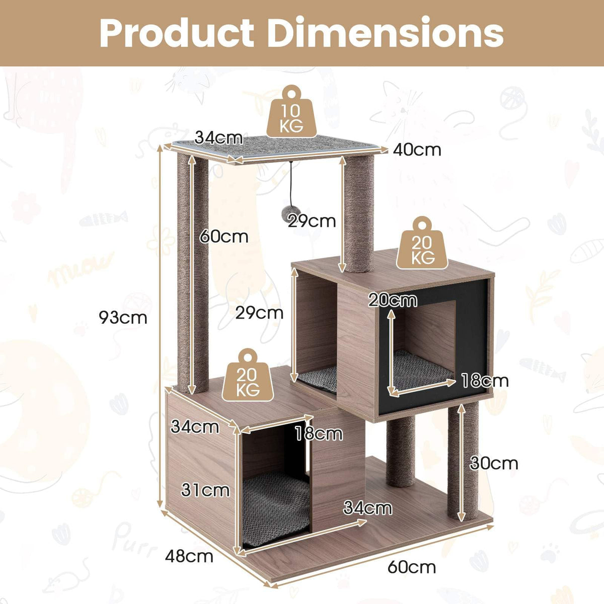 Modern Cat Tree with Sisal Scratching Posts and Removable Cushions