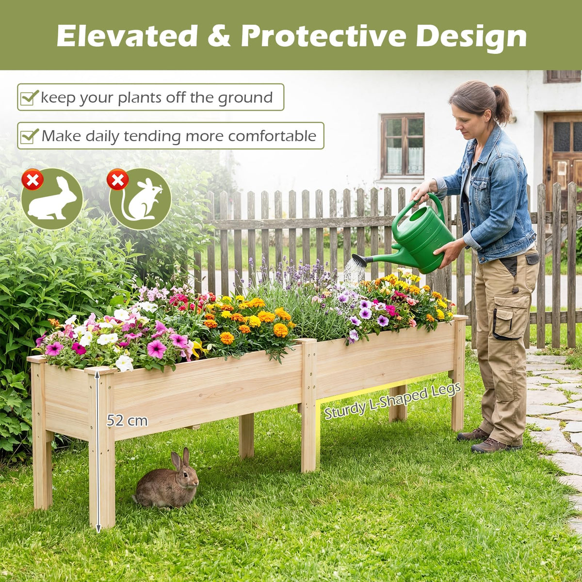 240 x 44 CM Fir Wood Raised Garden Bed with Legs, Drainage Holes for Vegetables Flowers Herbs