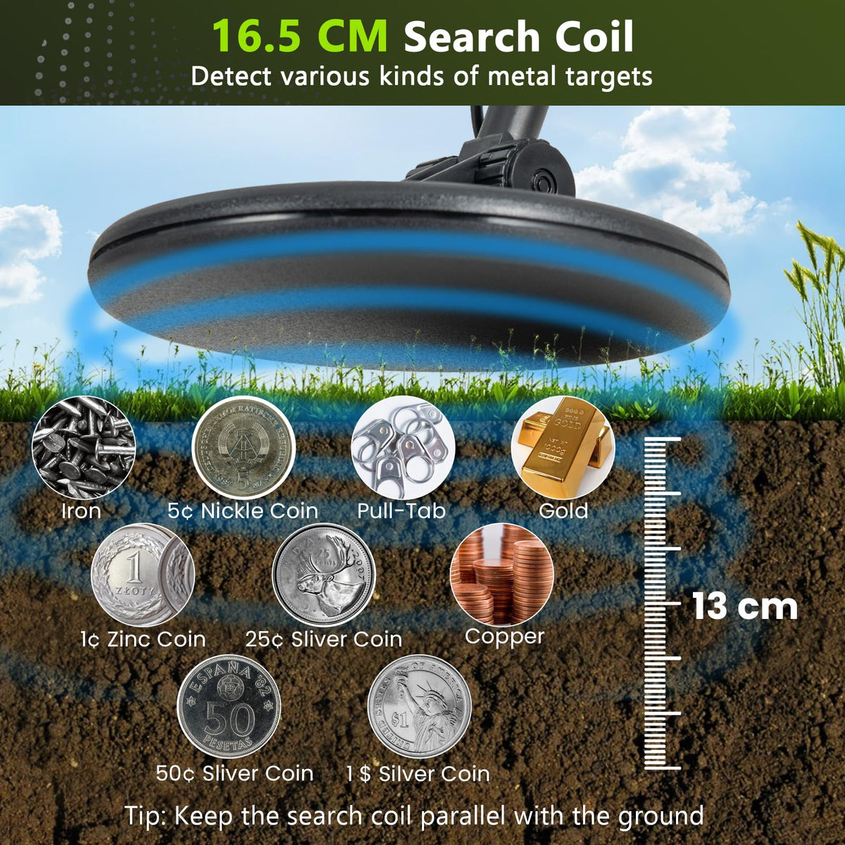 Professional Gold Detector w/ IP68 Waterproof Coil Adjustable Stem