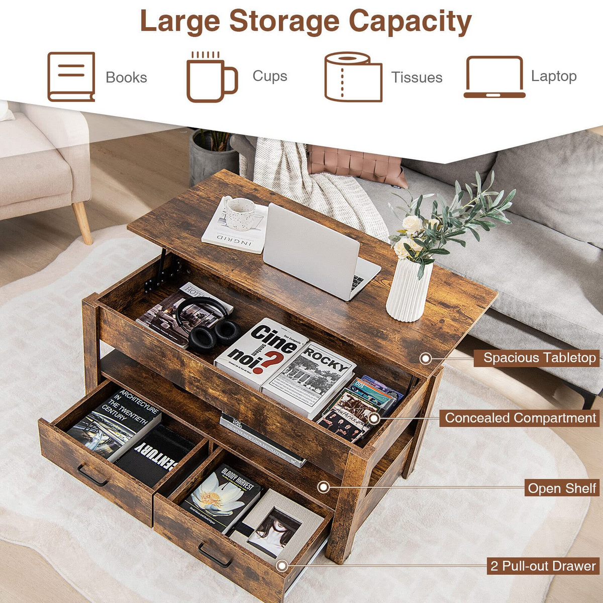 Giantex Lift Top Coffee Table, Industrial Accent Table with Enclosed Compartment, Rustic Brown