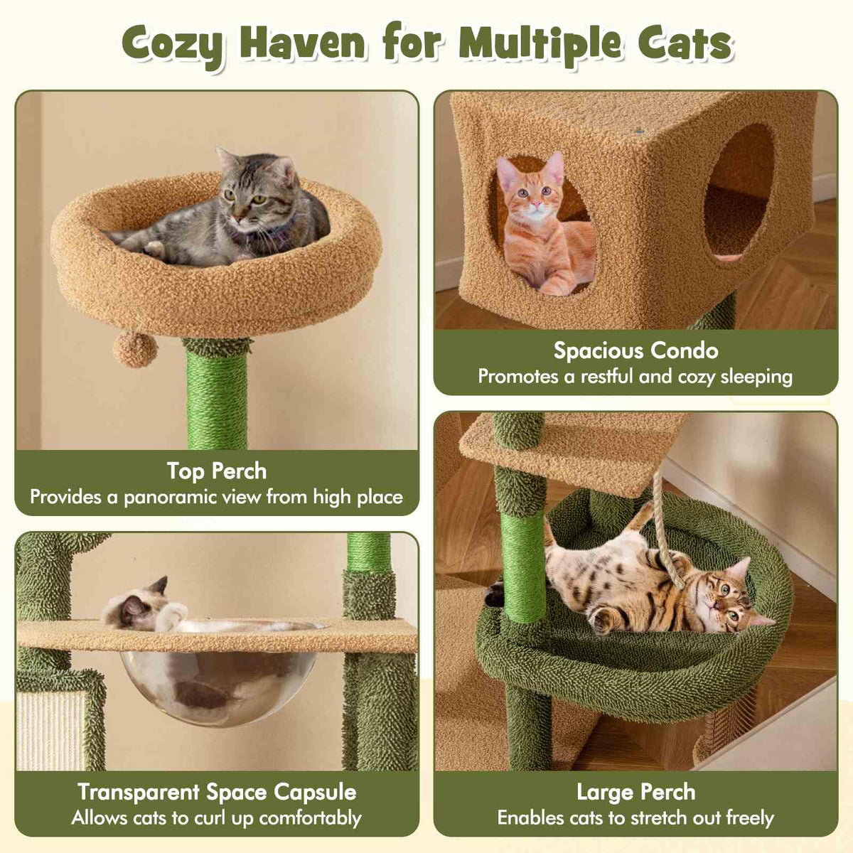 150cm Cactus Cat Tree for Indoor Cats, Multi-Level Cat Tower w/Sisal Scratching Posts & Board